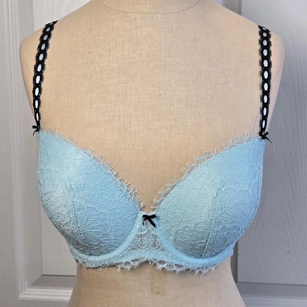 VICTORIA'S SECRET DREAM ANGELS RIBBON FLORAL LACE Size 32DDD Aqua Blue